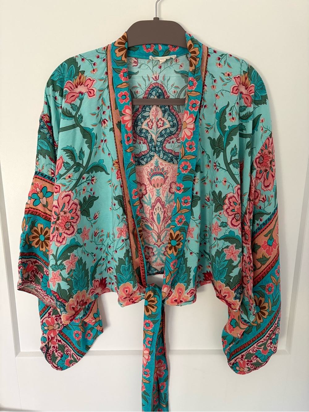 FP to Love Teal Floral Tie-Front Kimono Crop Blouse Top - Size L - EUC